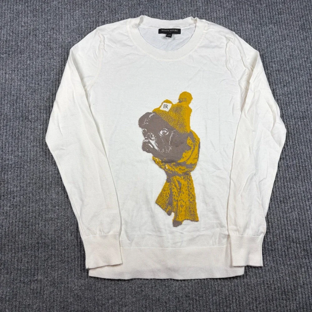 Banana‎ Republic Sweatshirt Mens XS White French Bulldog Graphic Knit Crewneck